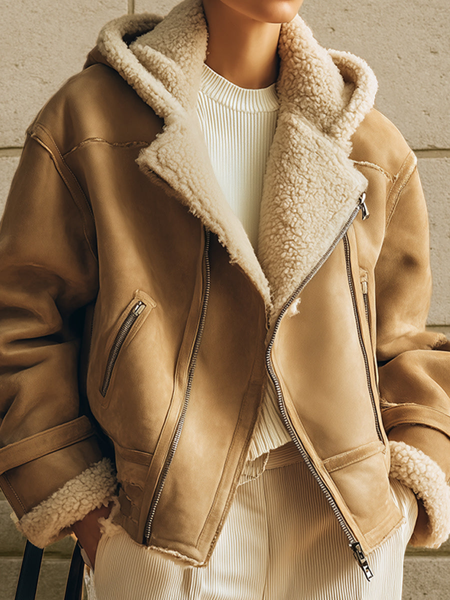Old Money Eco-friendly Suede Patchwork Oversized Hooded Jacket