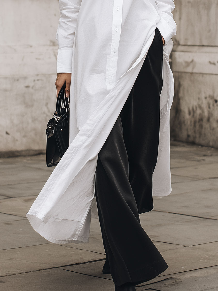 Commuting Minimalist Cotton Long Shirt Dress With High Side Slits