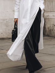 Commuting Minimalist Cotton Long Shirt Dress With High Side Slits