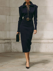 Old Money Knitted Soft Shoulder Padded Lapel Midi Dress