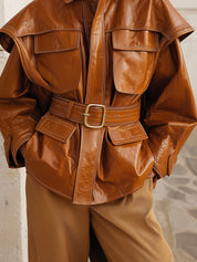 Deconstructed Cap-sleeve Cargo Pocket Eco-leather Jacket With Belt