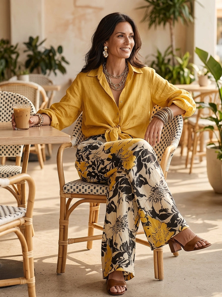 Floral Print Wide-Leg Pants With Tie-Front Linen Shirt Set