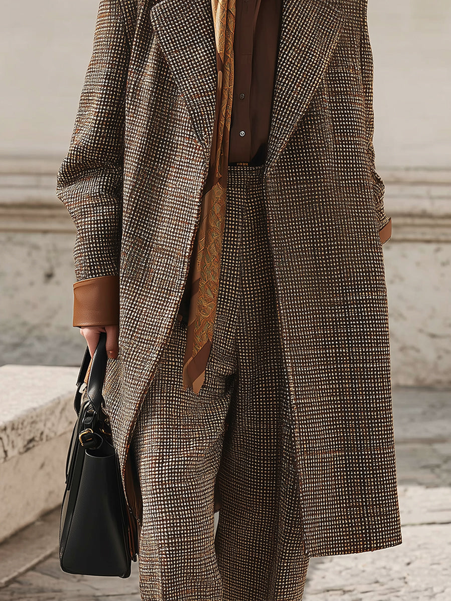 Classic Fine Plaid Wool Eco-friendly Leather Patchwork Lapel Mid-length Coat