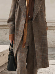 Classic Fine Plaid Wool Eco-friendly Leather Patchwork Lapel Mid-length Coat
