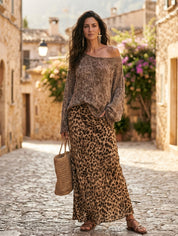 Effortless Chic Open-Knit Off-Shoulder Sweater & Leopard-Satin Brown Two-Piece Set