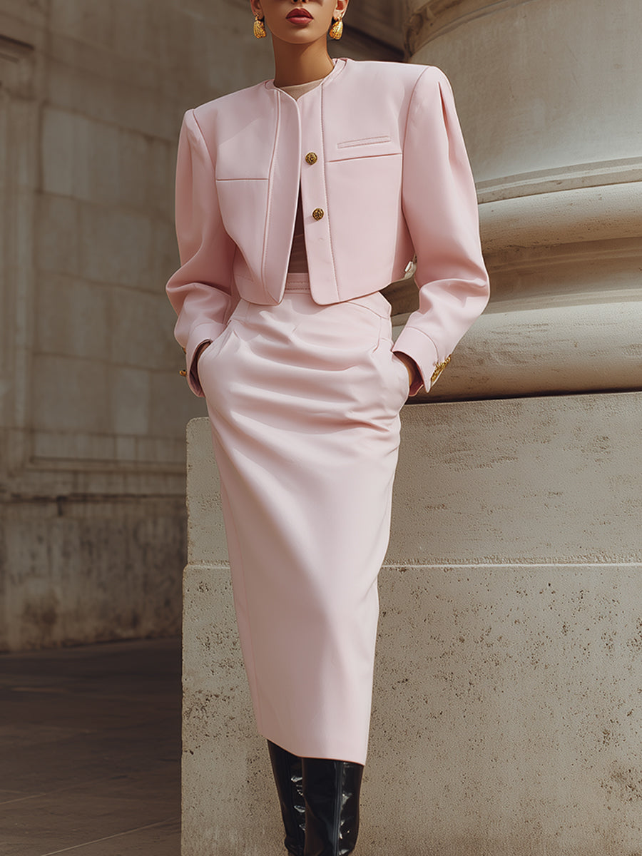 Stylish Pinch Pleated Sleeve Short Jacket & Back Slit Pencil Skirt Set