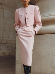 Stylish Pinch Pleated Sleeve Short Jacket & Back Slit Pencil Skirt Set