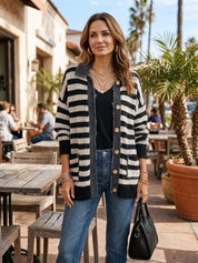 Women's Striped Button-Up Knit Raw-Edge Trim And Pockets Cardigan