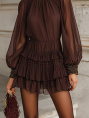 Romantic Minimalism Mocha Whisper Sheer Chiffon Ruched Mini Dress