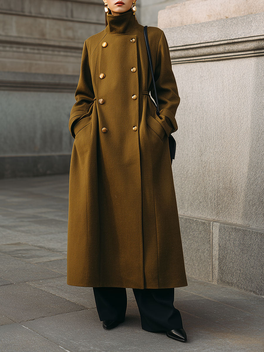 90s Minimalist High Collar Double Breasted Woolen Coat With Diagonal Placket