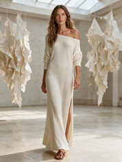 Bohemian One-Shoulder Textured Maxi Dress In Soft Ivory