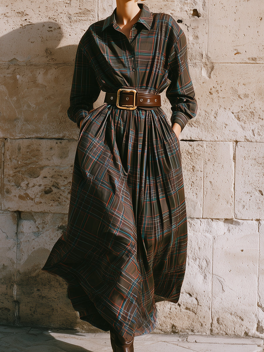 Stylish Retro Plaid Printed Cotton Waist Pleated Maxi Dress With Belt