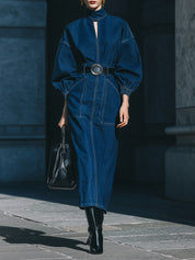 Future Vintage Utility Elegance Midnight Sculpt Denim Maxi Dress