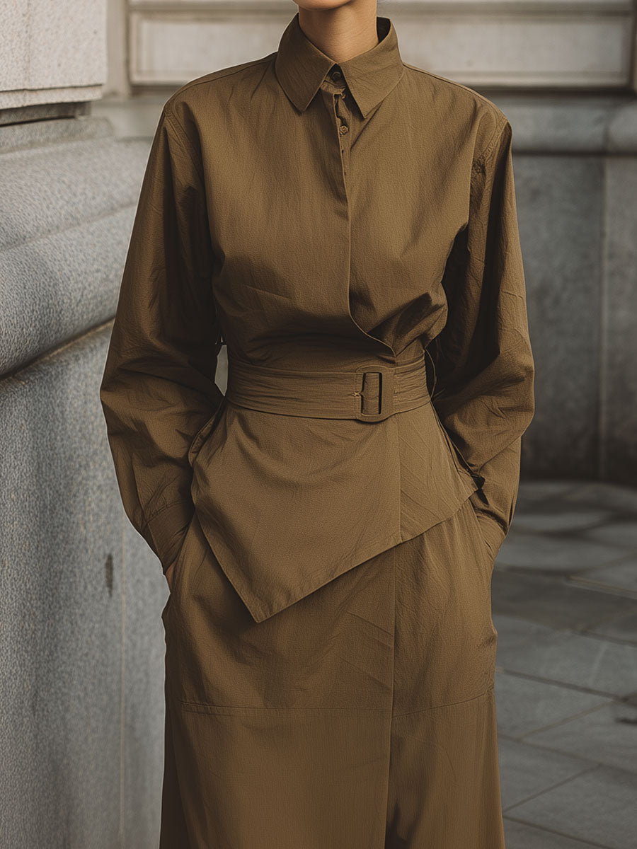 Casual Minimalist Irregular Hem Blouse & Front Slit Skirt Set