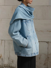 Uniquely Designed Diagonal Pocket Washed Scarf Straight Denim Jacket