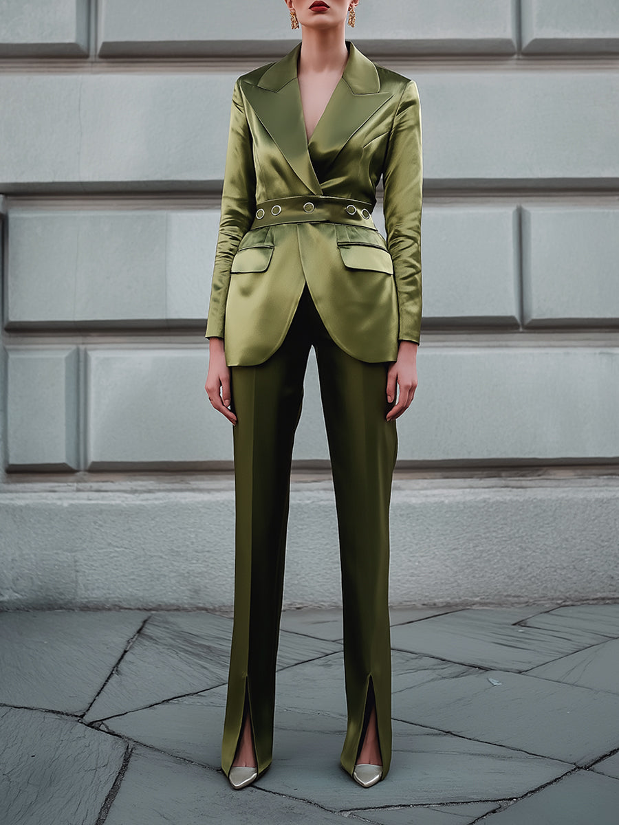 Retro-Glam Architectural Satin Blazer And Wide-Leg Pant Set