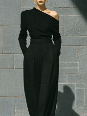 Old Money Style Tweed Off-shoulder Top & Wide Leg Set