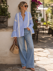 Chic Vertical-Stripe Crochet-Panel Blue Blouse