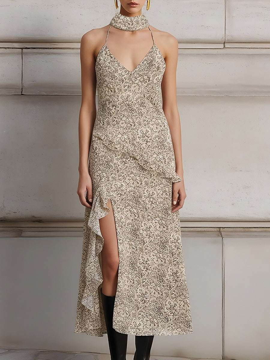 Fashionable Ruffled Floral Hem Slit Suspender Dress With Neck Scarf