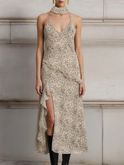 Fashionable Ruffled Floral Hem Slit Suspender Dress With Neck Scarf