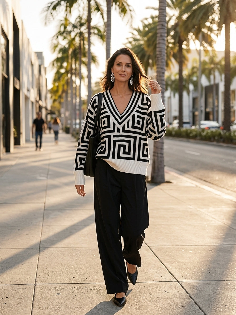 Oversized Geometric Jacquard V-Neck Sweater