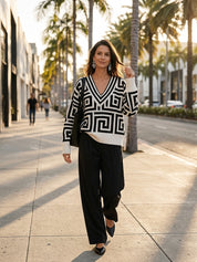 Oversized Geometric Jacquard V-Neck Sweater