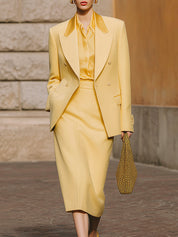 90s Minimalism Revival Satin Patchwork Blazer & Back Slit Skirt Set