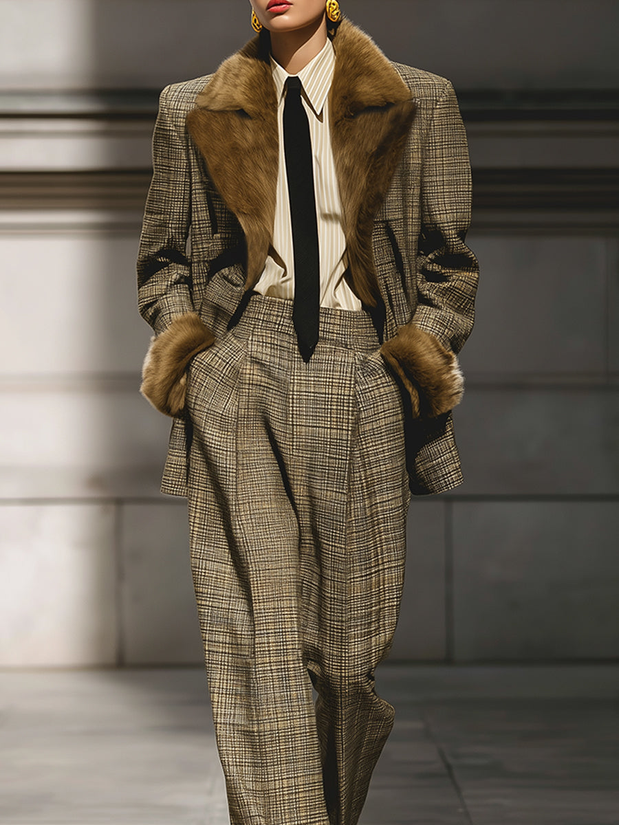 Old Money Fine Plaid Wool Imitation Fur Lapel Blazer & Pinch Pleated Straight Pants Set