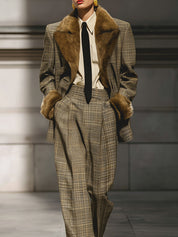 Old Money Fine Plaid Wool Imitation Fur Lapel Blazer & Pinch Pleated Straight Pants Set