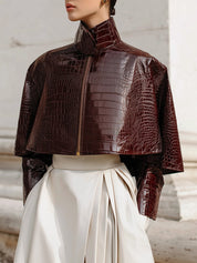Minimalist Cape Collar Glossy Crocodile Eco-leather Jacket