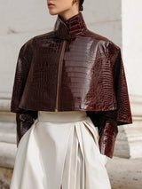 Minimalist Cape Collar Glossy Crocodile Eco-leather Jacket