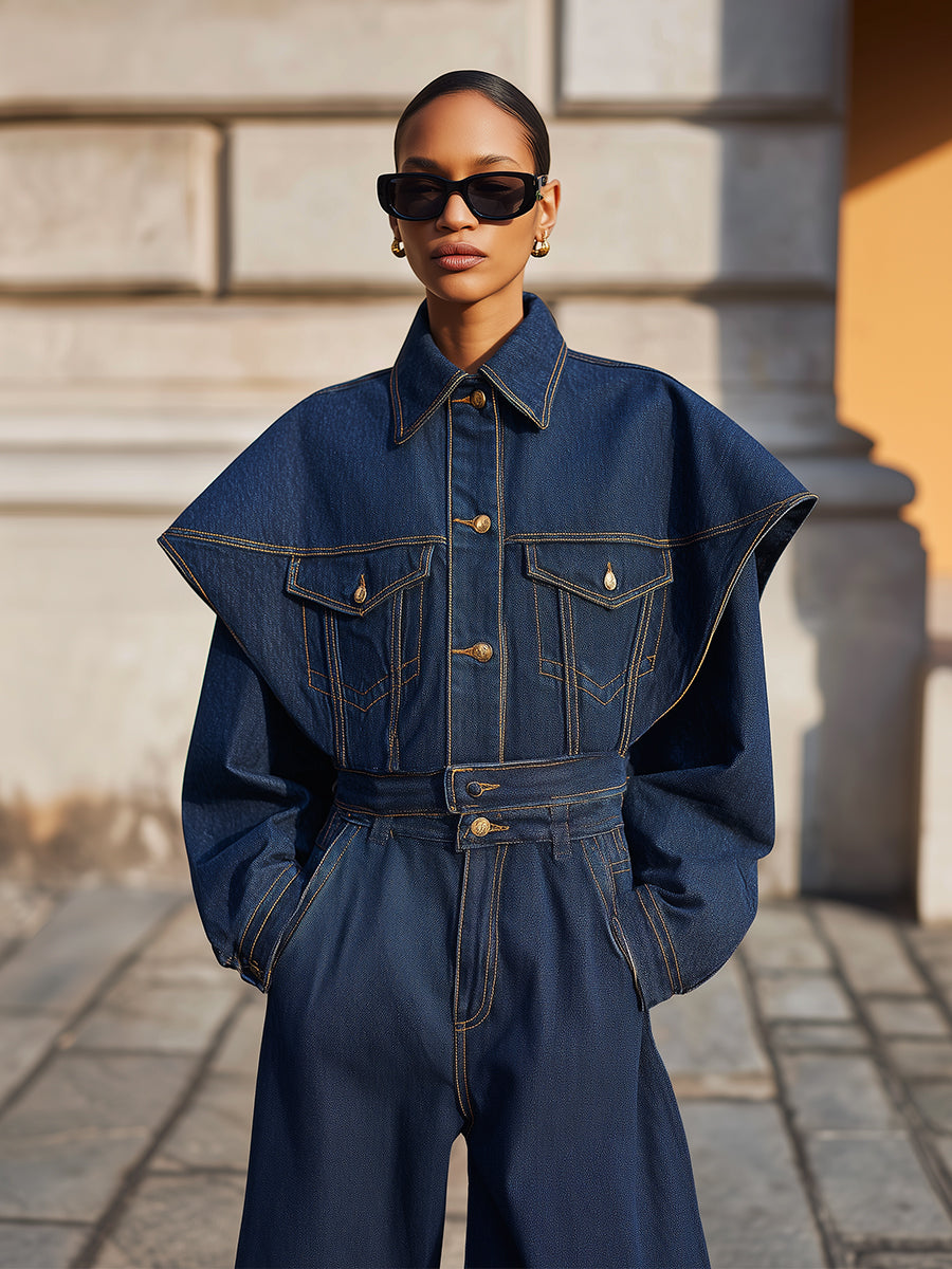 Deconstructed Cape Collar Topstitched Washed Denim Cropped Jacket