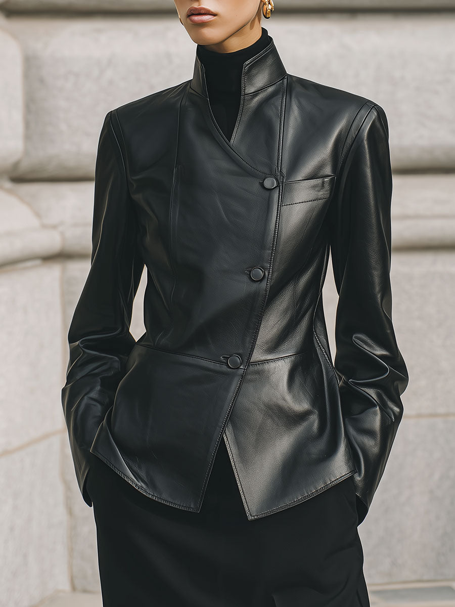 Deconstructed Minimalist Stand Collar Diagonal Placket Eco-friendly Leather Jacket