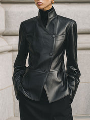 Deconstructed Minimalist Stand Collar Diagonal Placket Eco-friendly Leather Jacket