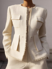Minimalist Tweed Raw-trimmed Flap Pocket Cinched-waist Jacket
