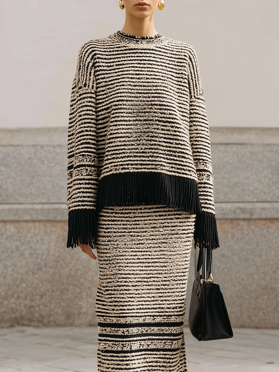 Commuter Striped Knitted Fringed Hem Dropped Shoulder Sweater & Long Straight Skirt Set