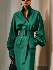 Minimalist Stand Collar Poplin Lantern Sleeve Shirt Midi Dress With Belt