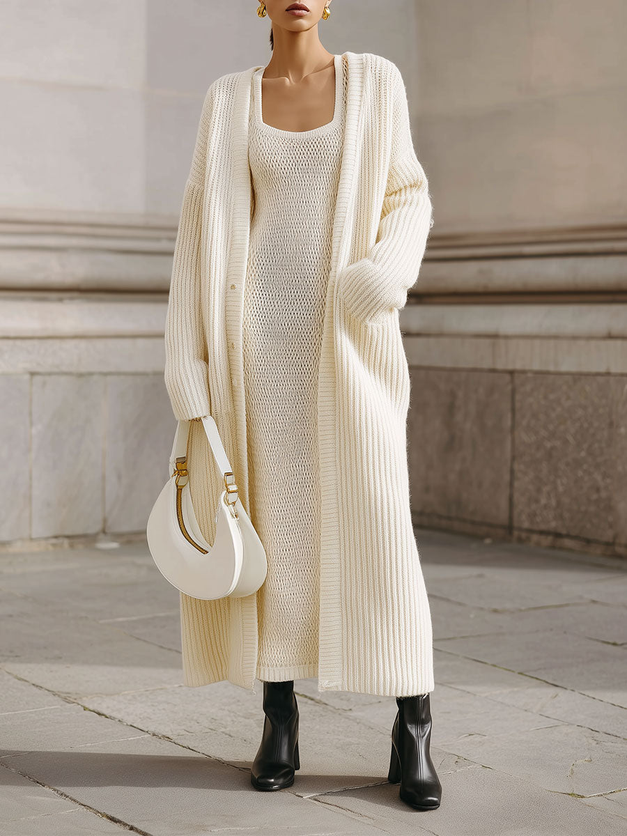 Minimalist Knitted Vest Dress & Off-shoulder Cardigan Set