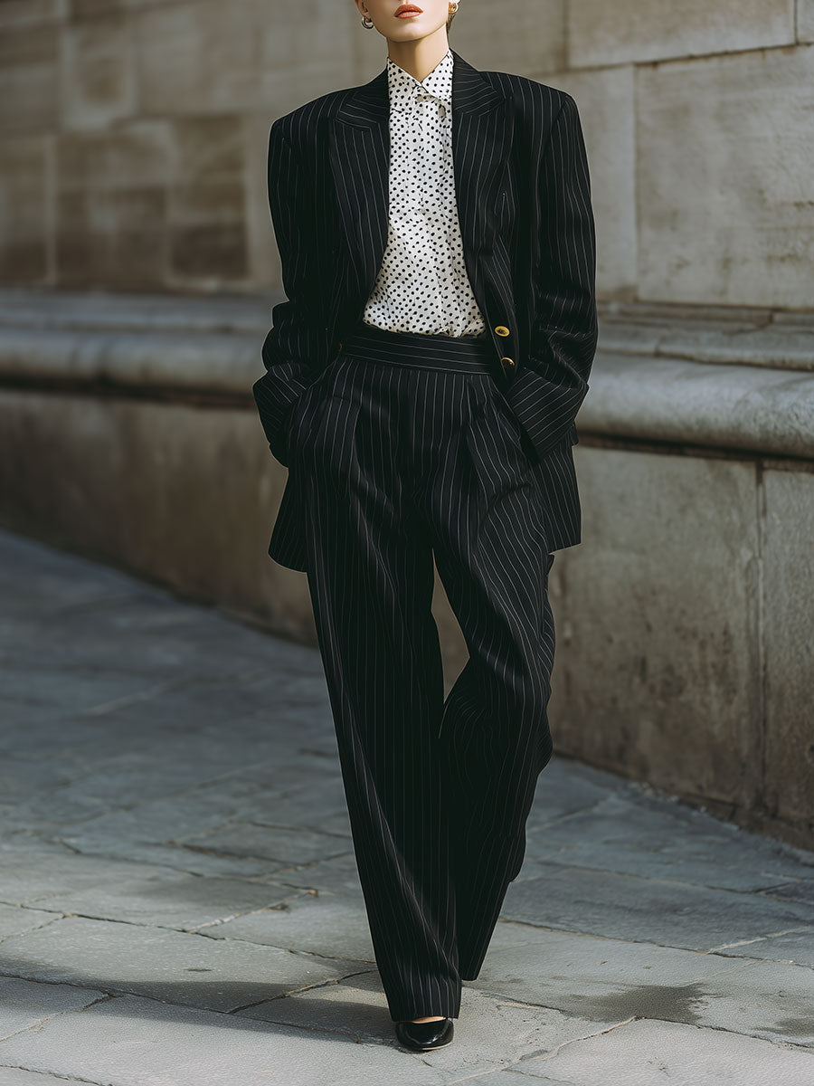 Commuting Minimalist Striped Shoulder Pad Blazer & Straight Pants Set