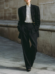 Commuting Minimalist Striped Shoulder Pad Blazer & Straight Pants Set