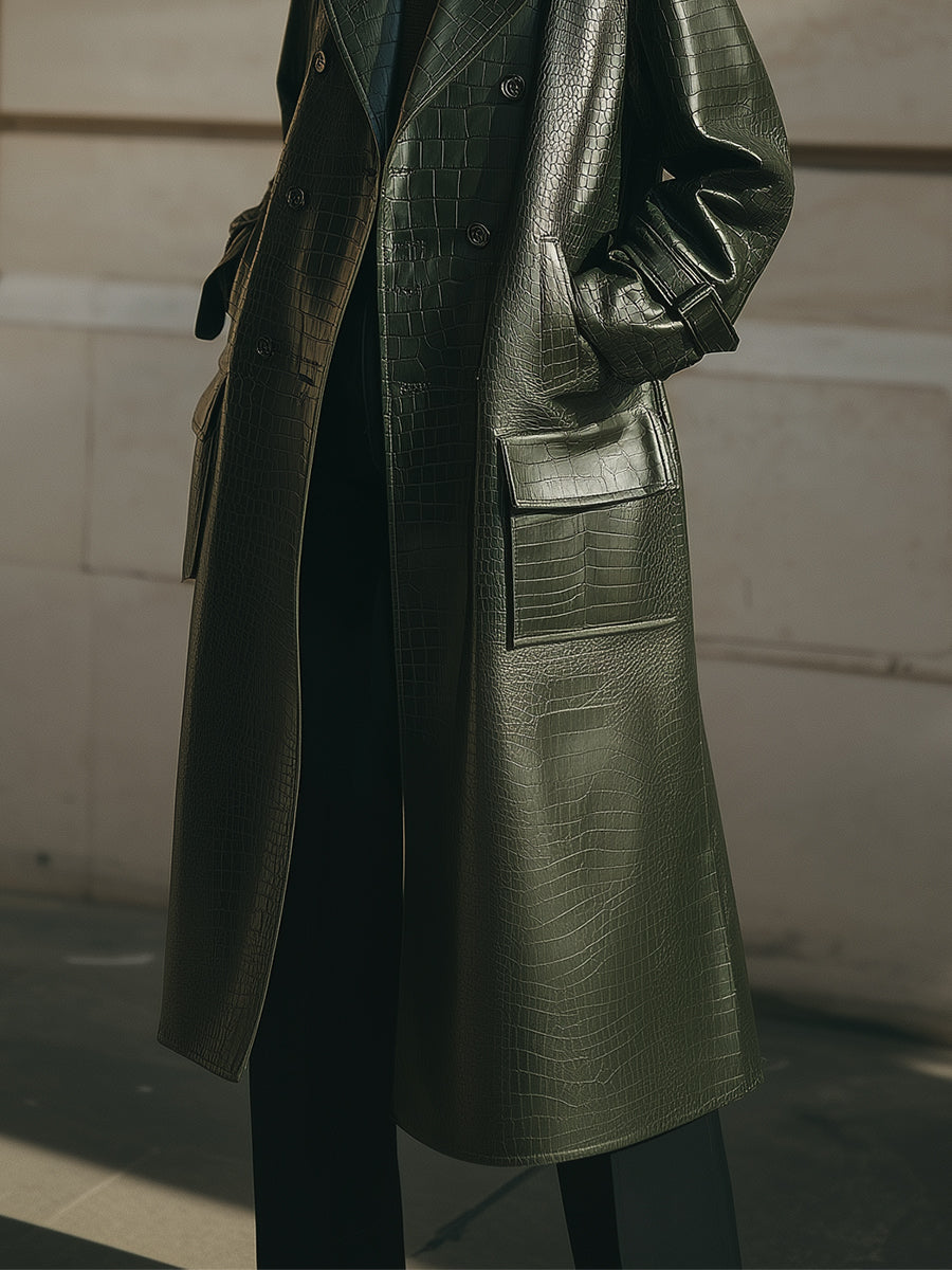 Stylish Crocodile Pattern Eco-leather Straight Mid-length Coat With Flap Pockets