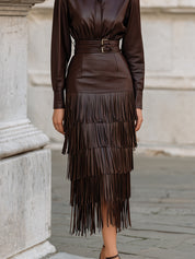 Old Money Eco-friendly Leather Blouse & Multi-layered Tassel Hem Belted Skirt Set