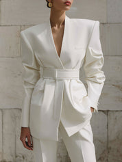 Minimalist Shoulder Padded Loose Blazer With Belt