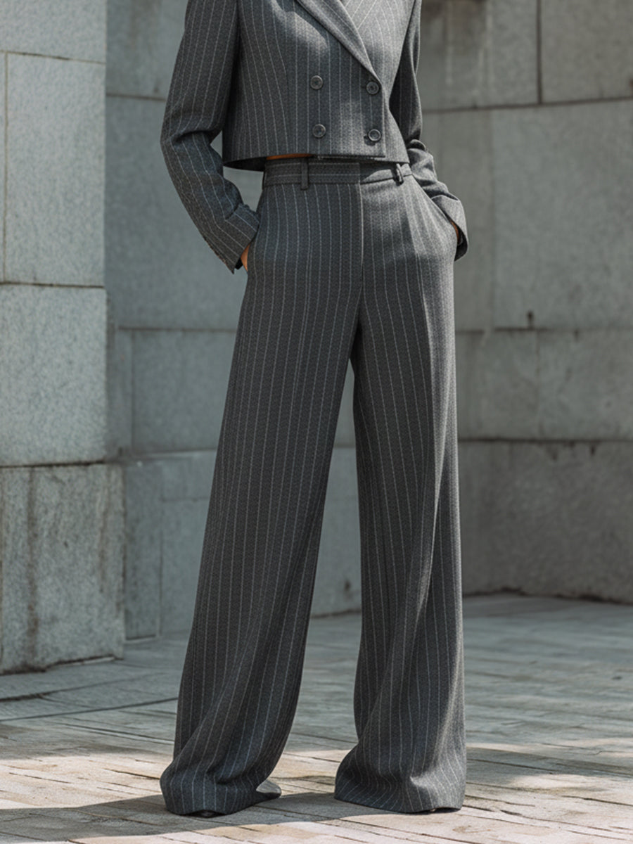 Classic Woolen Striped Short Jacket & Floor-length Wide-leg Pants Set