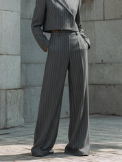 Classic Woolen Striped Short Jacket & Floor-length Wide-leg Pants Set