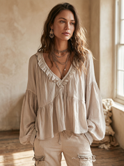 Airy Vintage-Inspired Ruffle Soft Ruffle Bohemian Blouse