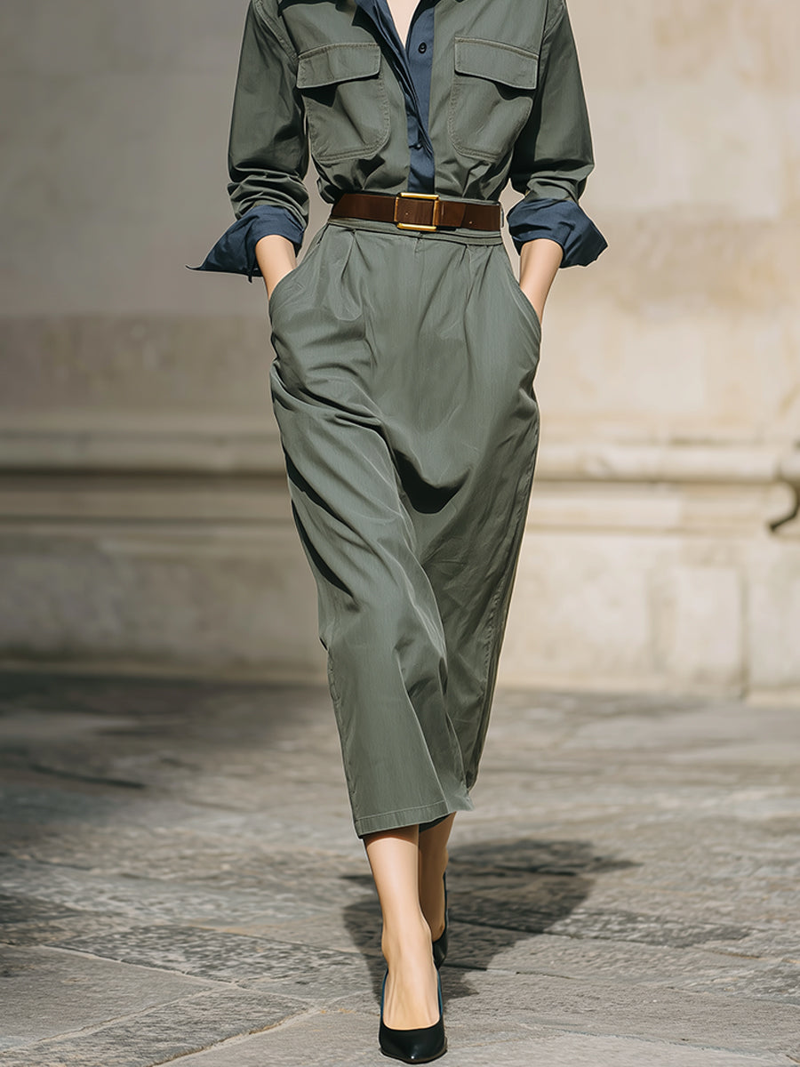 Commuting Contrast Color Cotton Shirt & Diagonal Pocket Pencil Midi Skirt Set
