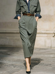 Commuting Contrast Color Cotton Shirt & Diagonal Pocket Pencil Midi Skirt Set
