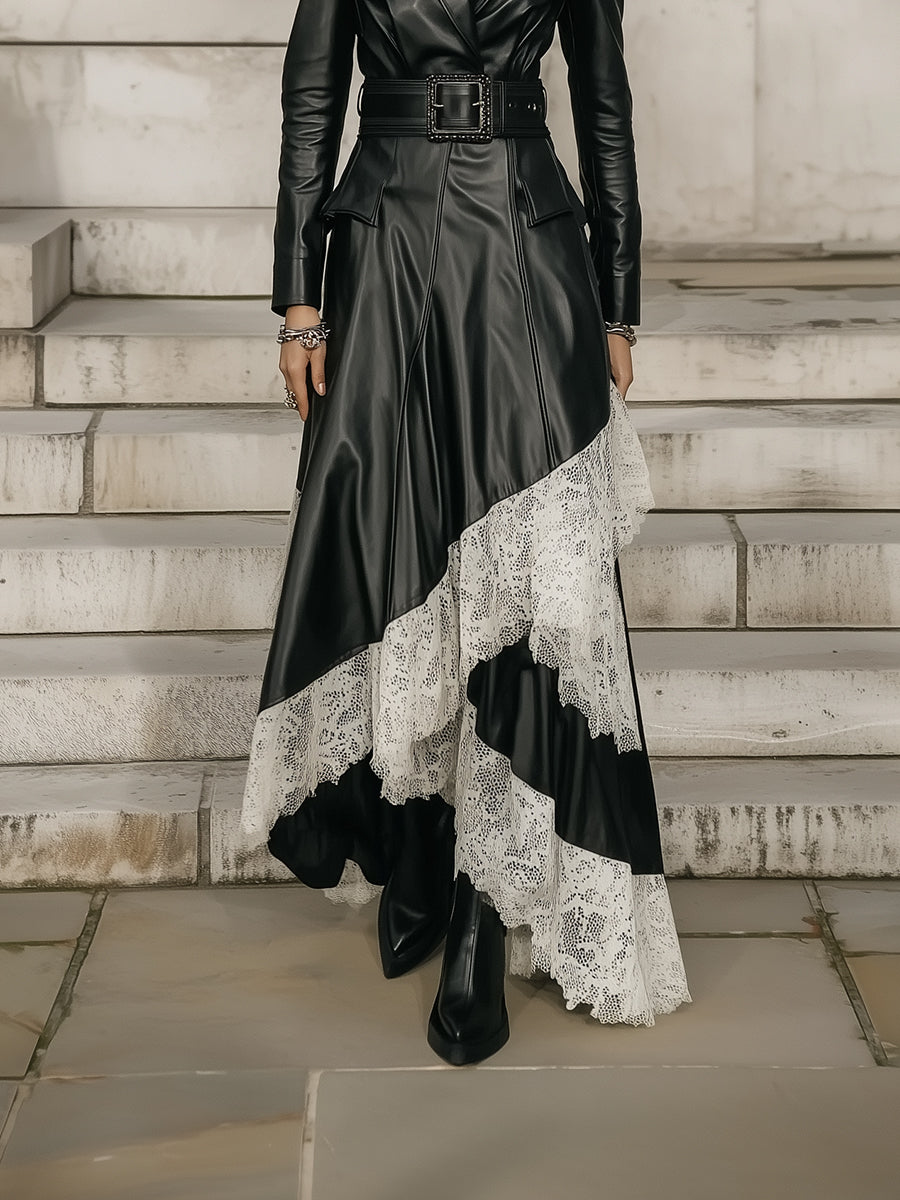 Heritage Noir Elegance Eco-friendly Leather-Lace Maxi Dress