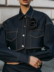 Vintage Denim Cropped Jacket With Oversized Rose Appliqué